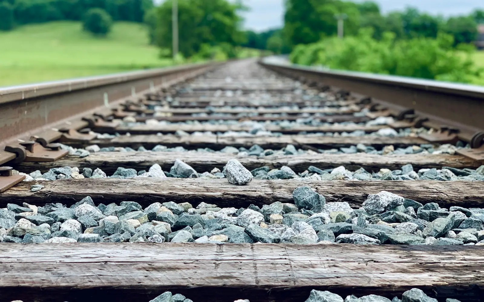 Railway track laid on crushed stone ballast