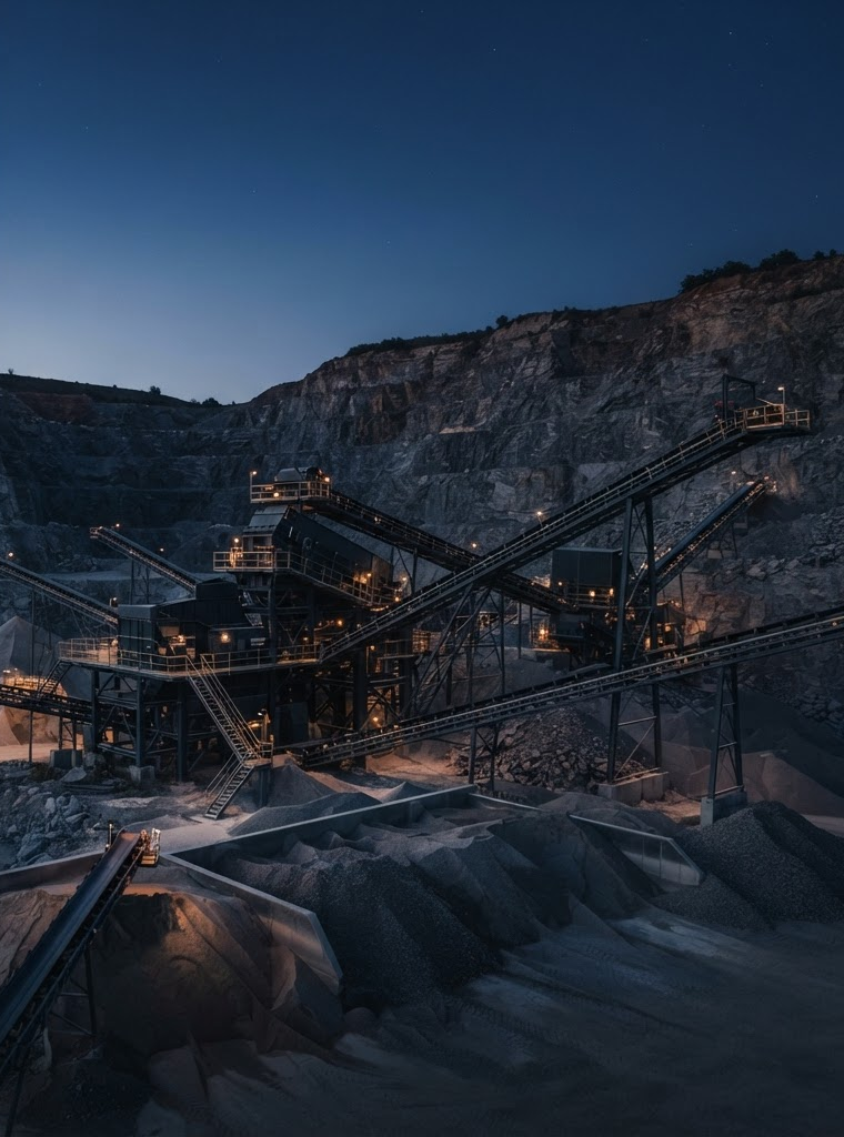 Aggregate crushing and screening plant working in a quarry at blue hour