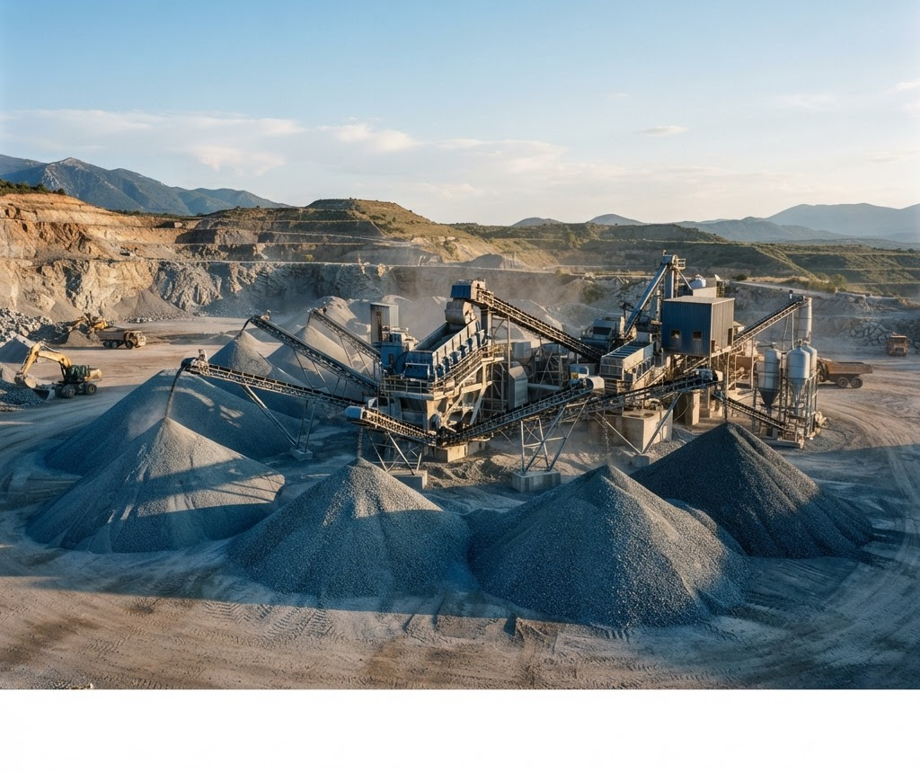 Graded aggregate stockpiles beside a crushing and screening plant